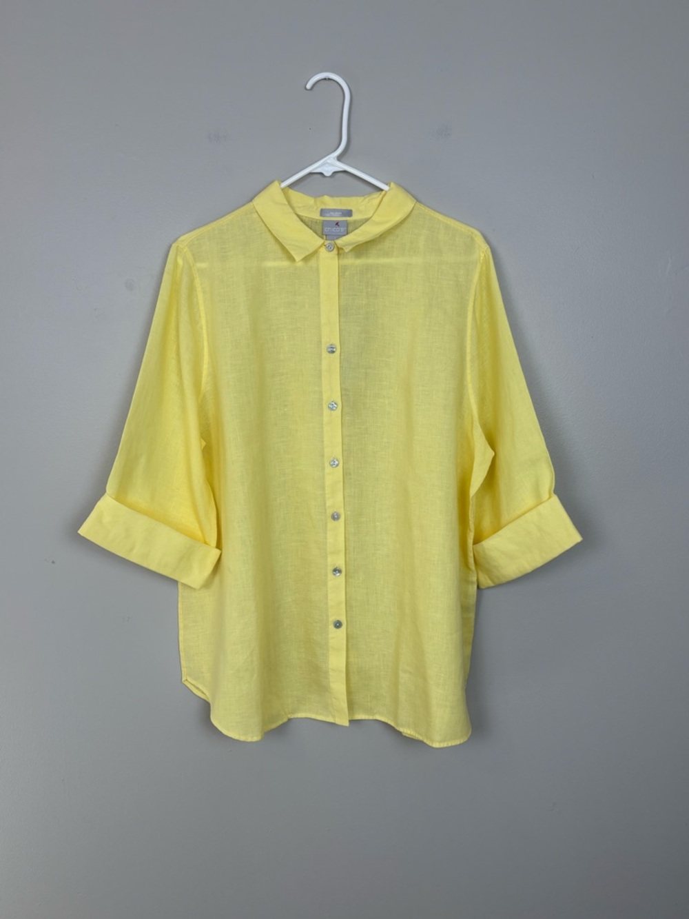 Chicos Top Womens 3 US 16 Yellow No Iron Linen Shirt With 3/4 Cuff Sleeve